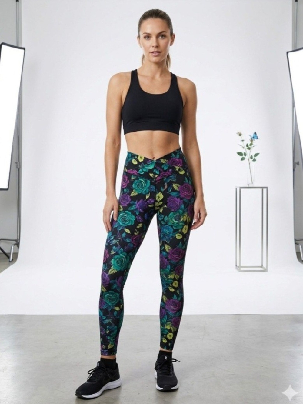 Athletic Works Black Floral High-Waist Leggings with Teal & Purple Roses.